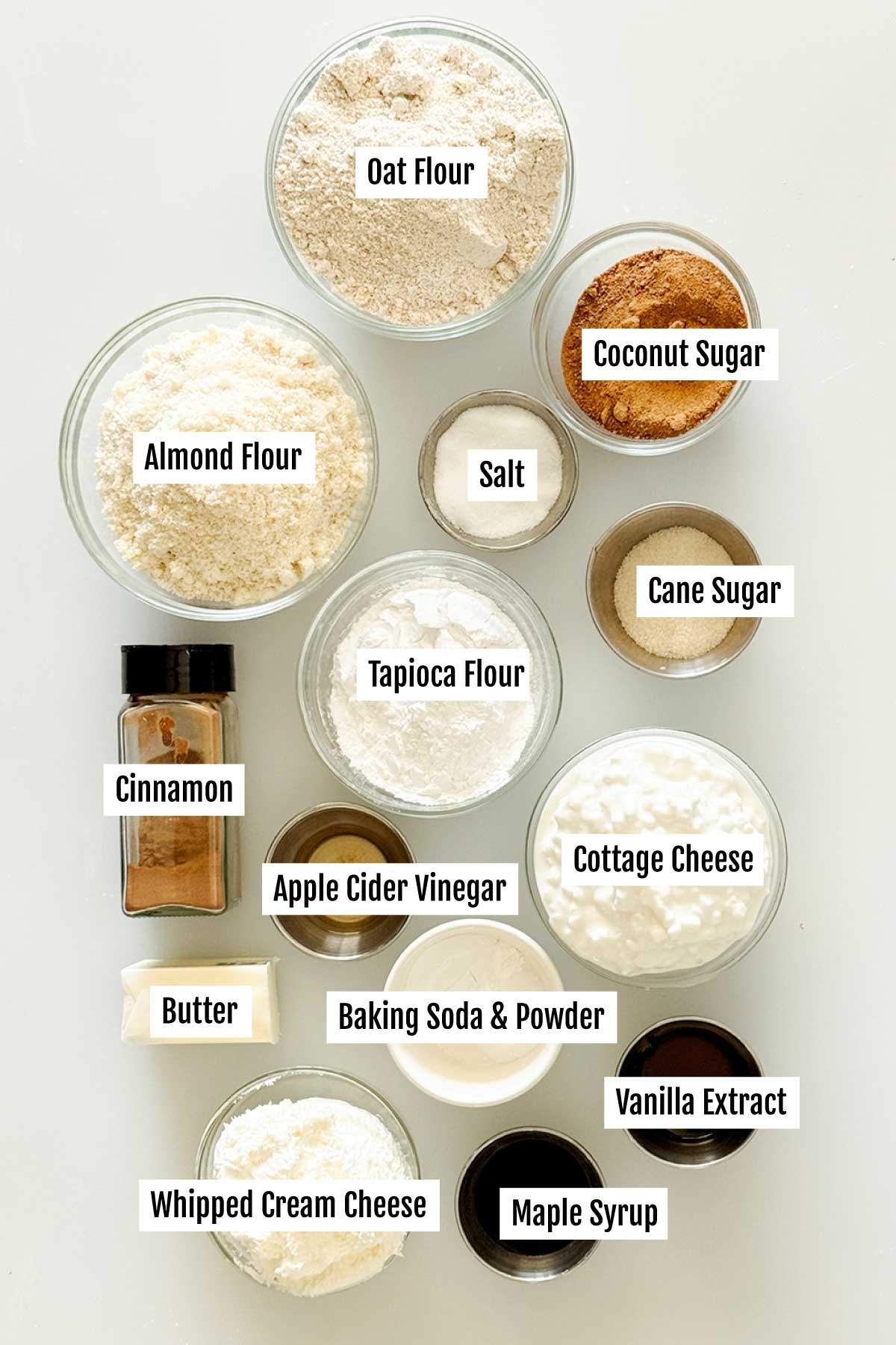 All the ingredients you need to make gluten-free cottage cheese cinnamon rolls with a maple whipped cream cheese spread on top.