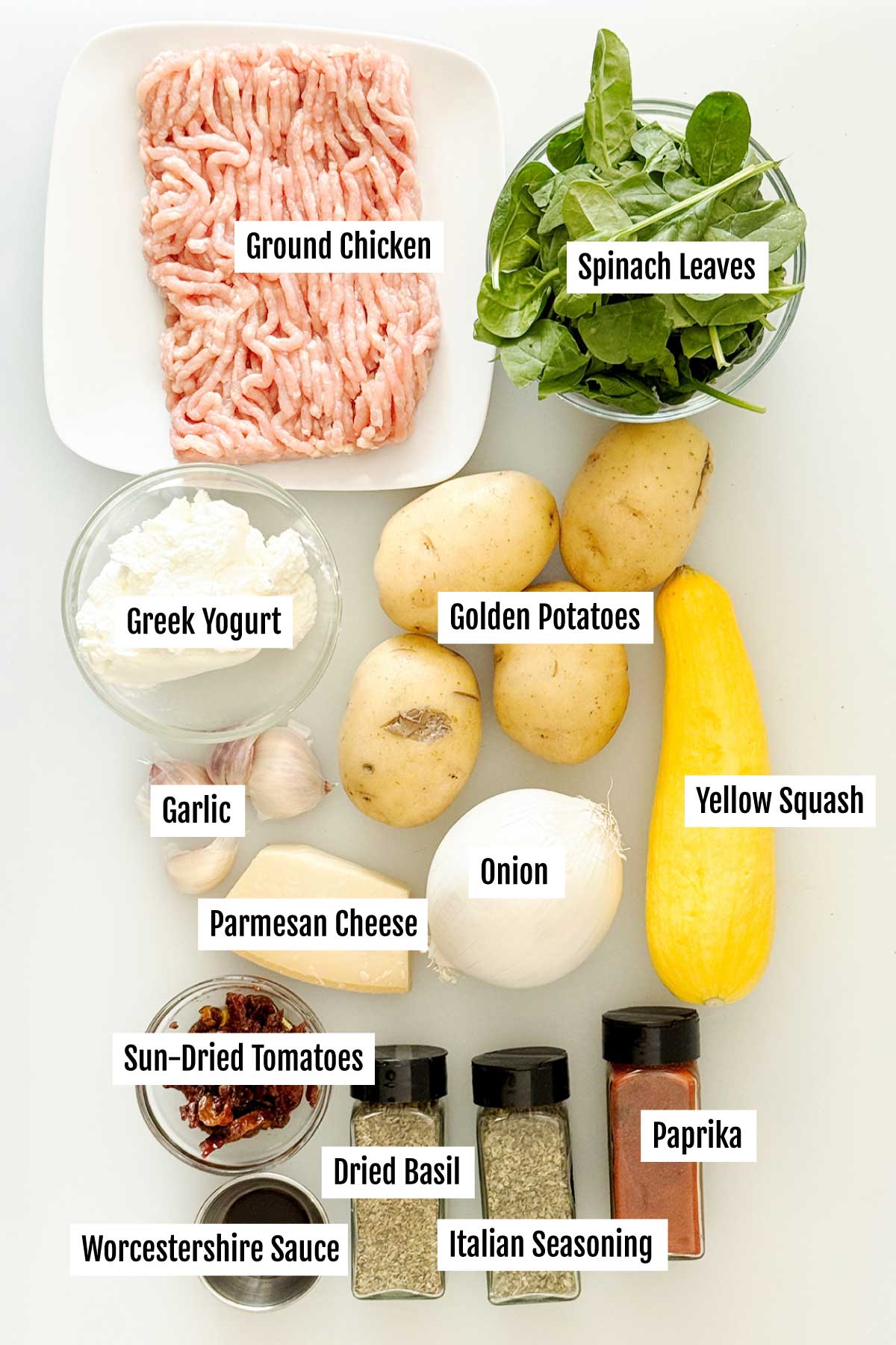 All the ingredients you need to make healthy marry me chicken soup with greek yogurt with spinach and sun-dried tomatoes.