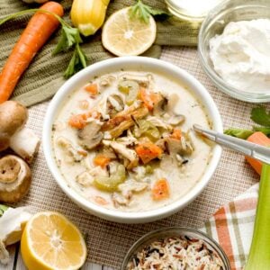 A bowl of creamy chicken and wild rice soup without cream and with greek yogurt.